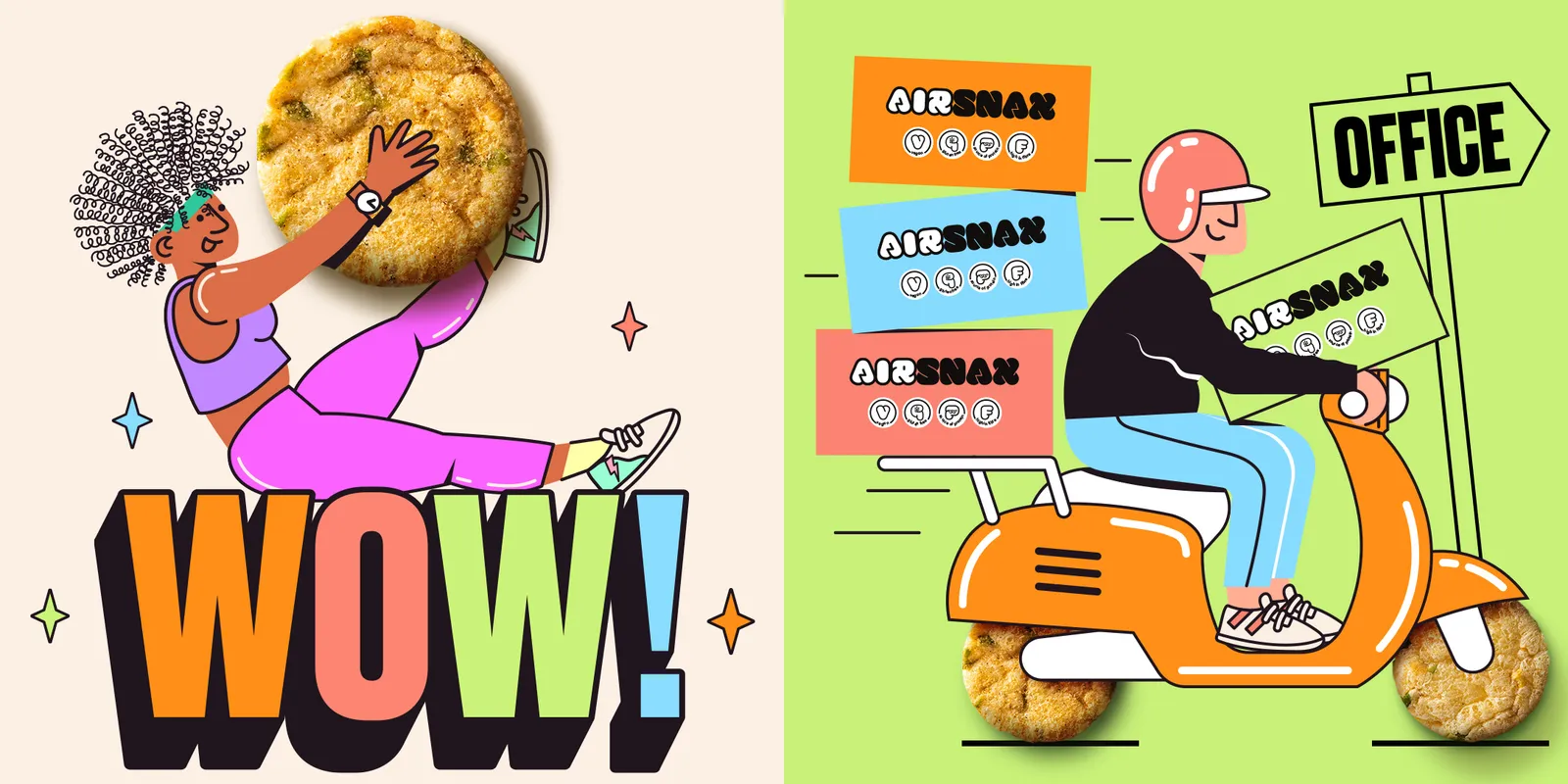 Illustrations created by Farrows for the brand Airsnax, using bright colours and a fun style, the Airnsax product is used within the illustration