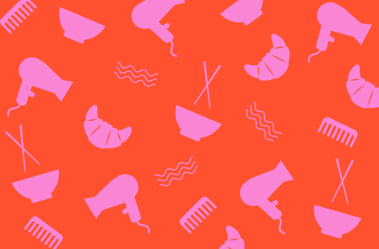 Unit 9 pattern, showing bright pink hairdryers, Bowls, combs and croissants