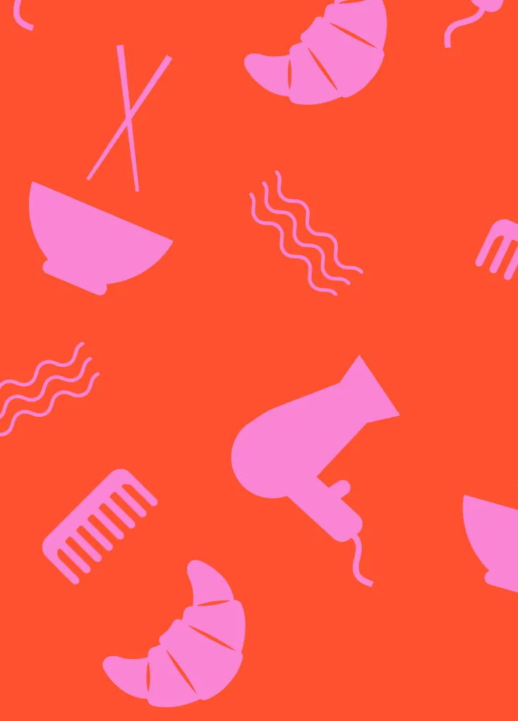 Unit 9 pattern, showing bright pink hairdryers, Bowls, combs and croissants